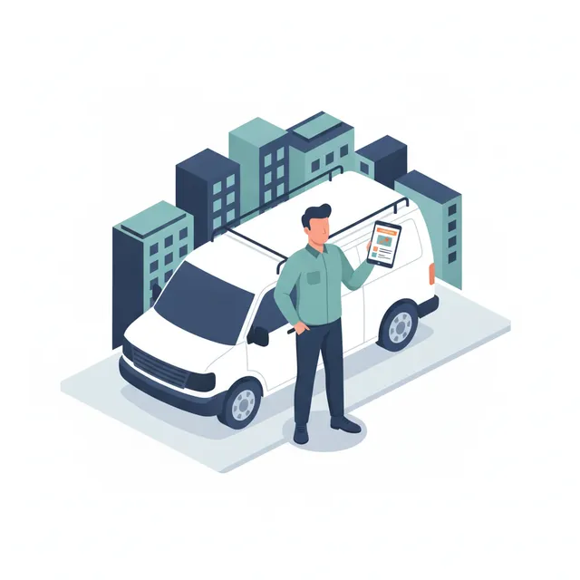 Solo field service operator scheduling a job from a phone beside a service van