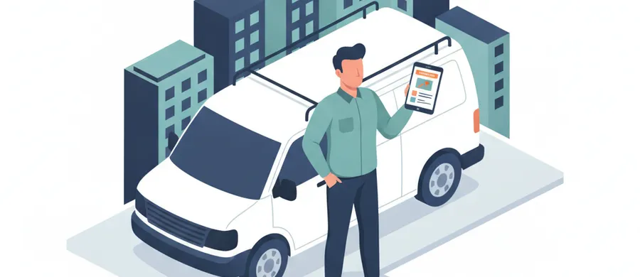 Solo field service operator scheduling a job from a phone beside a service van