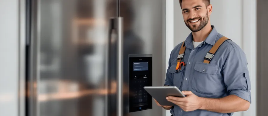 A focused appliance repair technician, wearing a uniform and tool belt, stands beside a built-in fridge & freezer in a luxury home, holding a tablet where he's utilizing field service software to manage the work order.