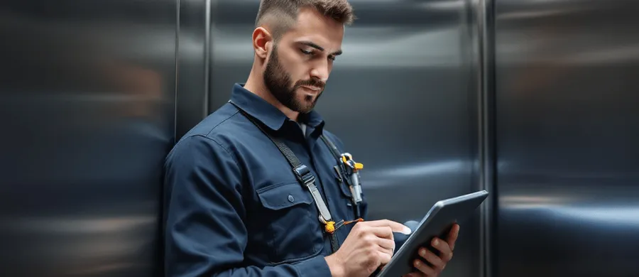 A focused and professional elevator repair technician, wearing a uniform and tools, standing in an elevator, holding a tablet where he's utilizing field service software to manage the work order.