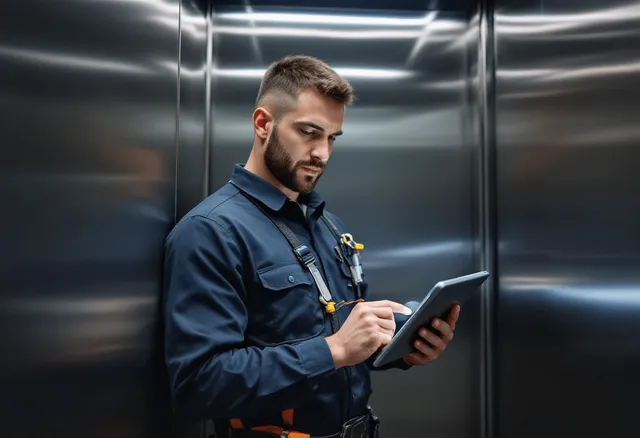 A focused and professional elevator repair technician, wearing a uniform and tools, standing in an elevator, holding a tablet where he's utilizing field service software to manage the work order.