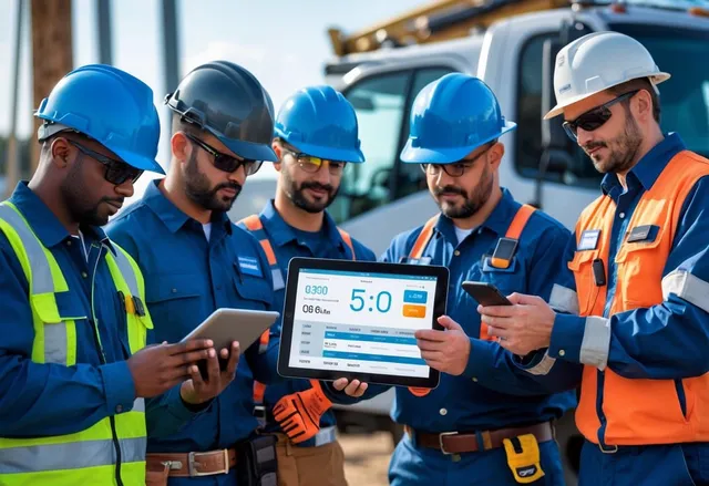 Five field service workers using digital devices to track time and tasks at various outdoor work sites.