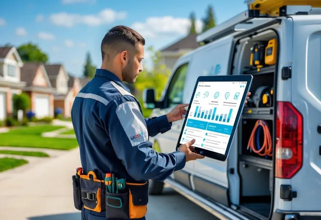 Field service technician using a tablet next to a service van in a suburban neighborhood.