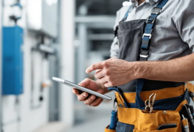 A focused and professional construction field service technician, wearing a uniform and toolbelt, holding a tablet where he's utilizing field service software to manage the work order.