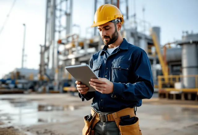 A focused and professional oil and gas technician, wearing a uniform and toolbelt, stands a modern fracking well in texas, holding a tablet where he's utilizing field service software to manage the work order.