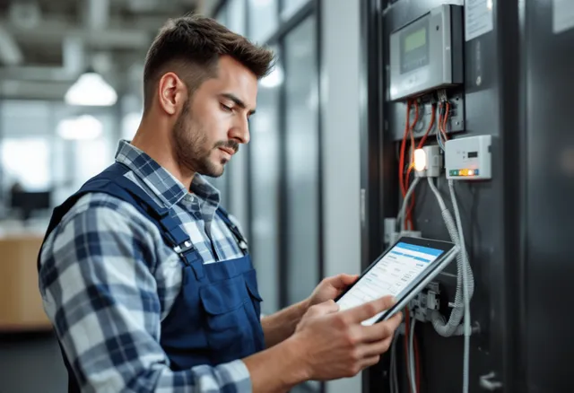 A focused and professional security and fire safety service technician, wearing a uniform, working within a commercial office setting checking the wiring of an alarmed doorway, holding a tablet where he's utilizing field service software to manage the work order.