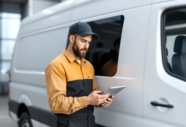 A focused automotive fleet repair mechanic, wearing a uniform, stands beside a white unmarked euro-style van, holding a tablet where he's utilizing field service software to manage the work order.