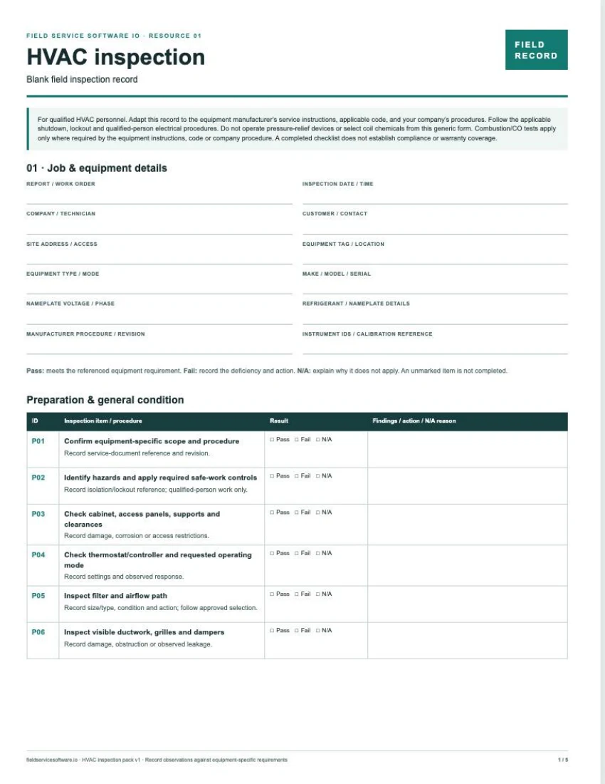 First page of the downloadable blank HVAC inspection PDF, showing report fields and preparation checks.