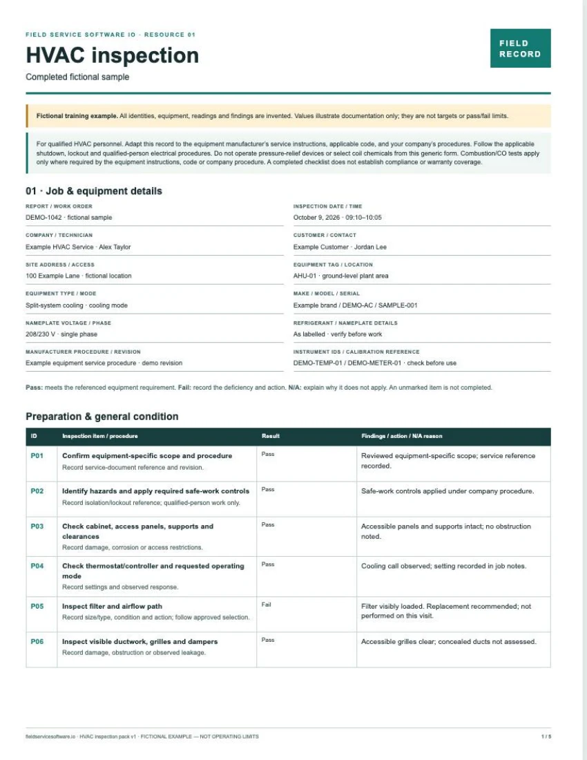 First page of the downloadable completed HVAC inspection PDF, labelled fictional, with example report details and findings.