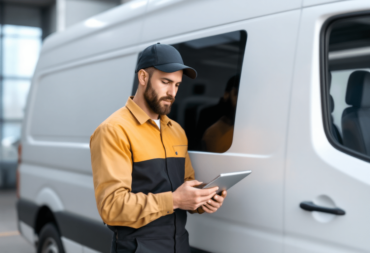 A focused automotive fleet repair mechanic, wearing a uniform, stands beside a white unmarked euro-style van, holding a tablet where he's utilizing field service software to manage the work order.