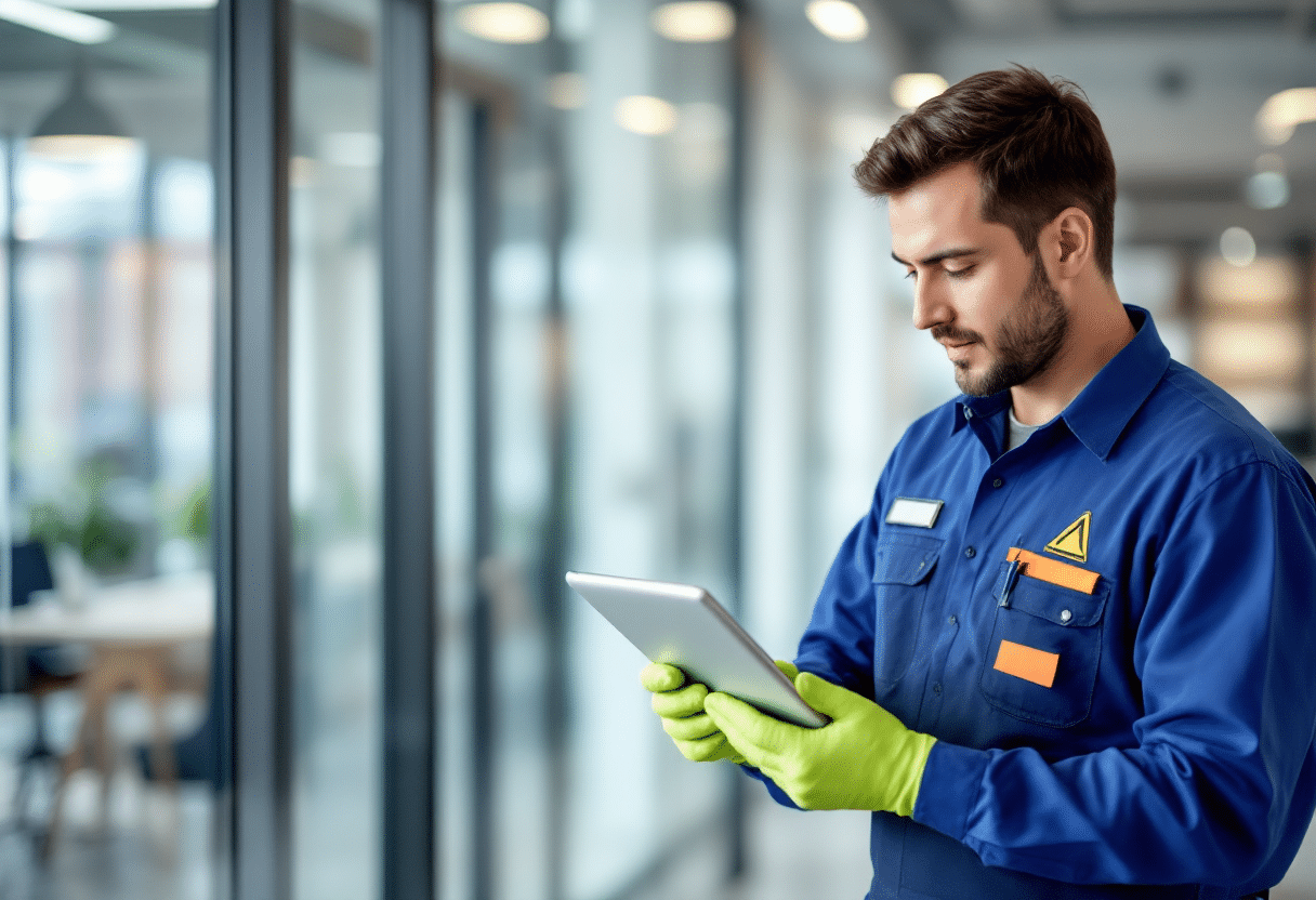 A focused and professional cleaning service technician, wearing a uniform, working within a commercial office setting, holding a tablet where he's utilizing field service software to manage the work order.