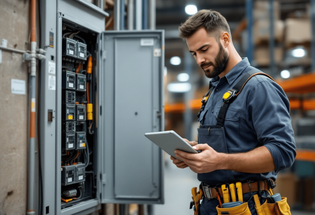 A focused electrical services technician, wearing a uniform and toolbelt, stands beside commercial electrical breaker inside a warehouse, holding a tablet where he's utilizing field service software to manage the work order.