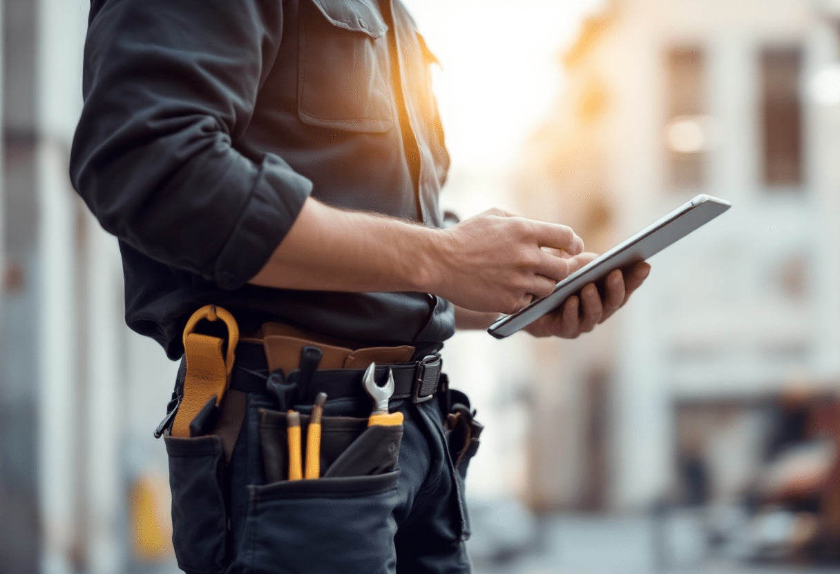 A focused and professional facilities management technician, wearing a uniform and toolbelt, holding a tablet where he's utilizing field service software to manage the work order.
