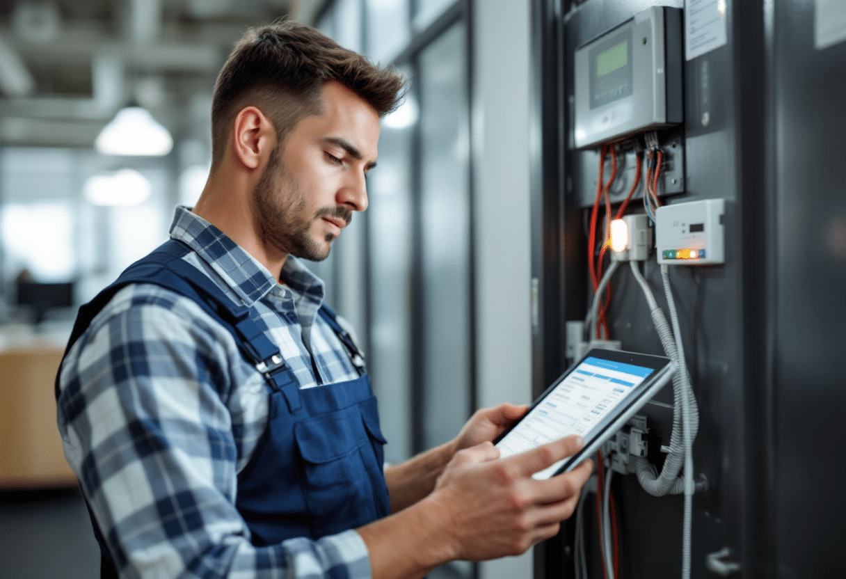 A focused and professional security and fire safety service technician, wearing a uniform, working within a commercial office setting checking the wiring of an alarmed doorway, holding a tablet where he's utilizing field service software to manage the work order.
