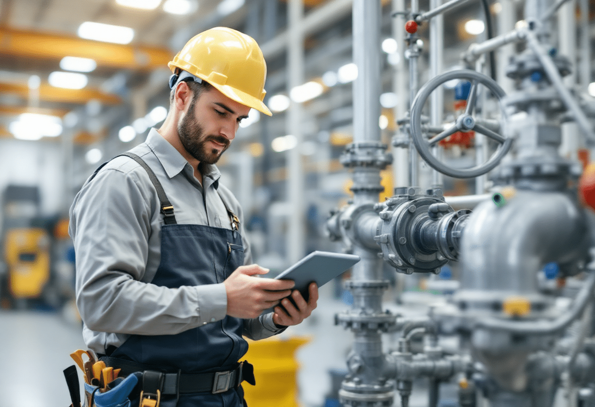 A focused and professional plumber technician, wearing a uniform and toolbelt, stands beside a commercial water valve inside a manufacturing facility, holding a tablet where he's utilizing field service software to manage the work order.