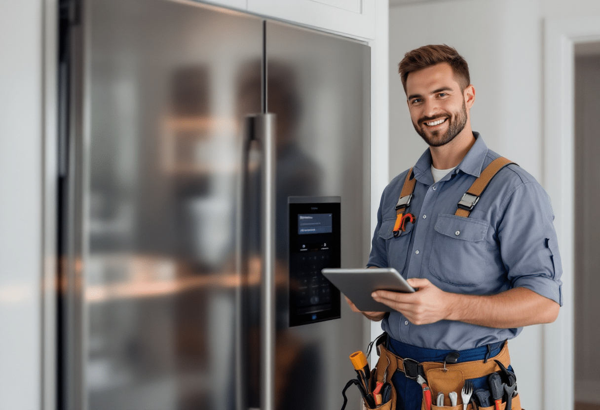 A focused appliance repair technician, wearing a uniform and tool belt, stands beside a built-in fridge & freezer in a luxury home, holding a tablet where he's utilizing field service software to manage the work order.