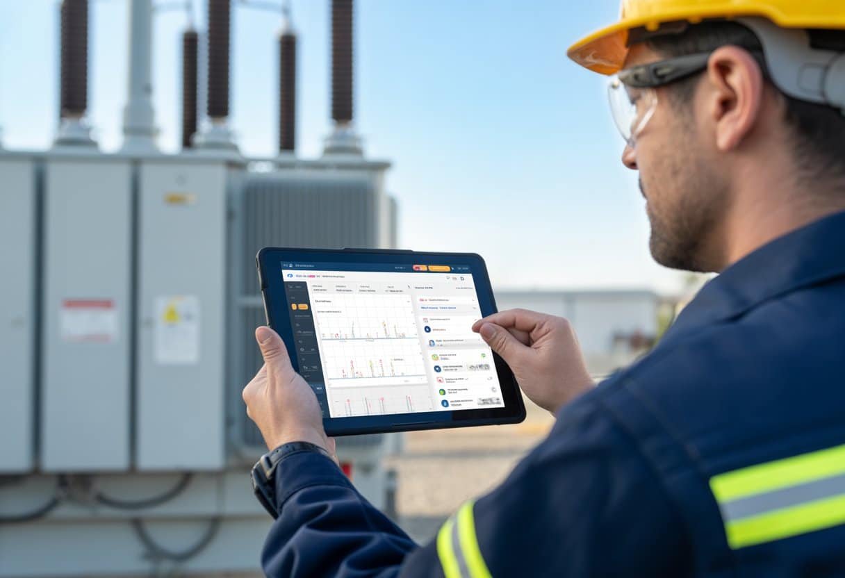 A field service technician in safety gear using a tablet near industrial equipment outdoors.