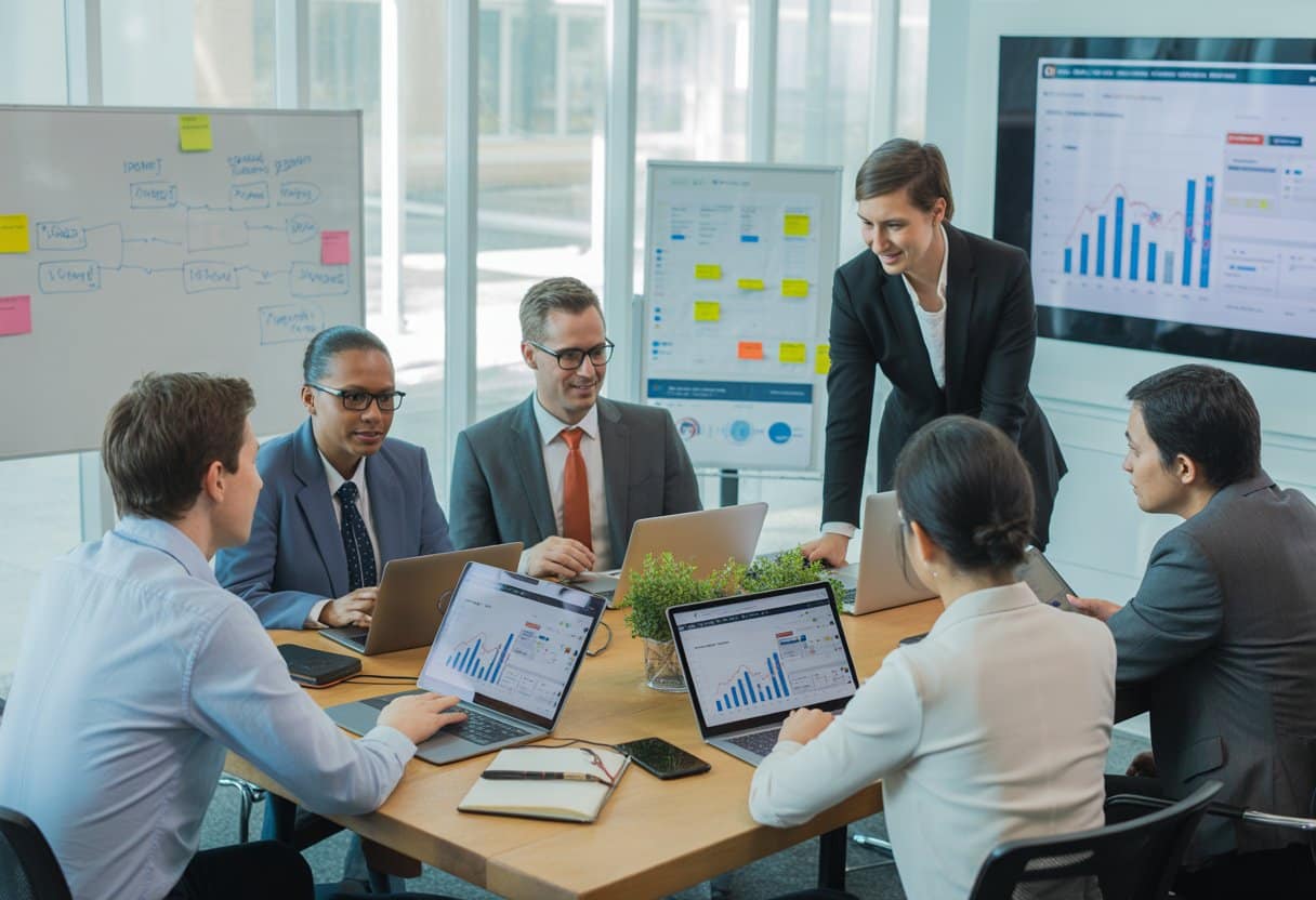 A group of business professionals collaborating around a table with digital devices showing charts and graphs in a bright office.