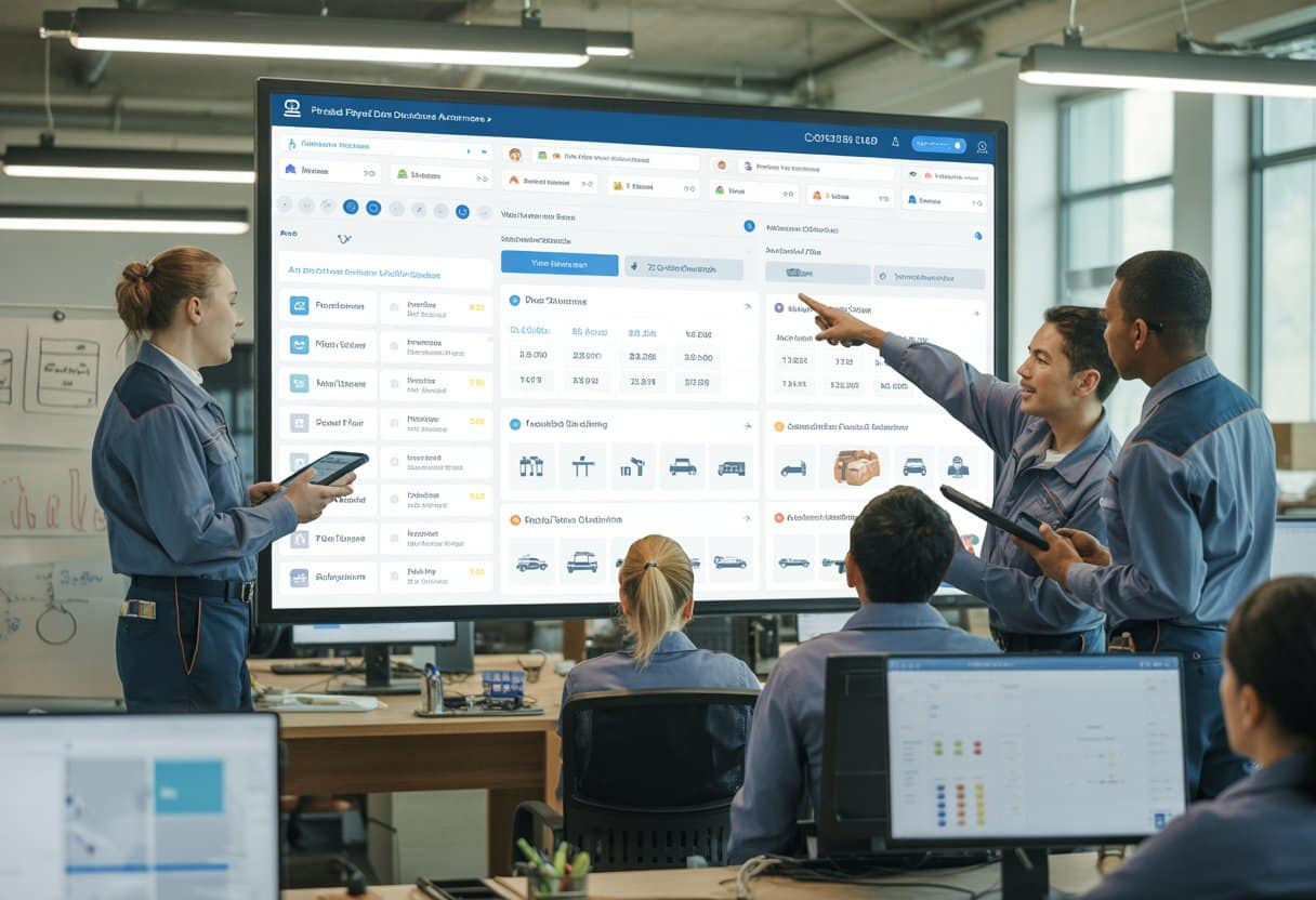 A group of field service technicians and office staff collaborating around a large touchscreen displaying work order management information in a modern office.