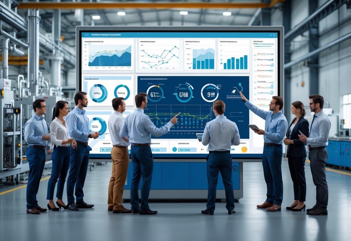 Engineers and technicians analyzing data on a large touchscreen in a modern factory with advanced machinery.