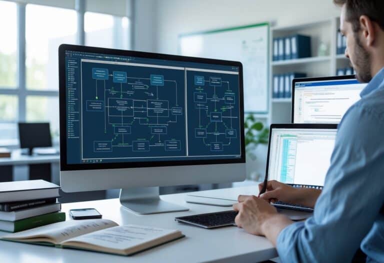 A modern workspace with a computer showing flowcharts and diagrams, a laptop, notebooks, and a person’s hands working on software development.